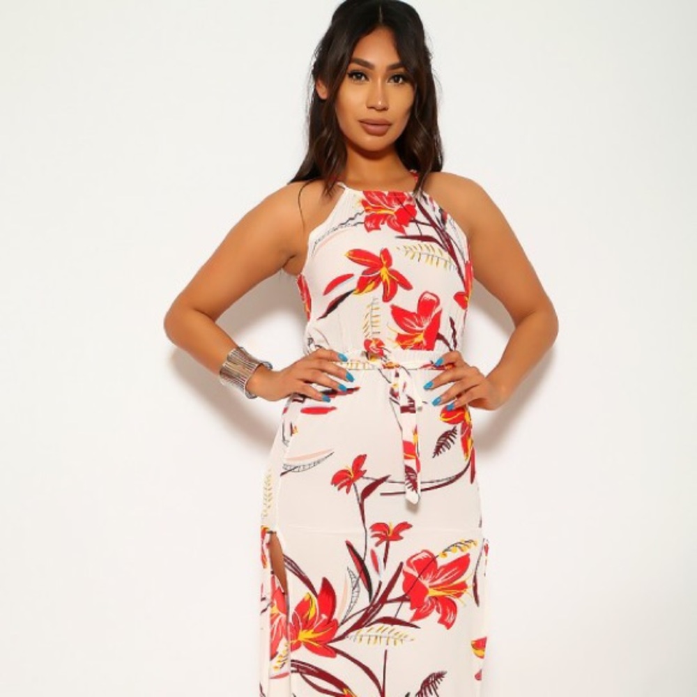 White & Red Floral Print Maxi Dress